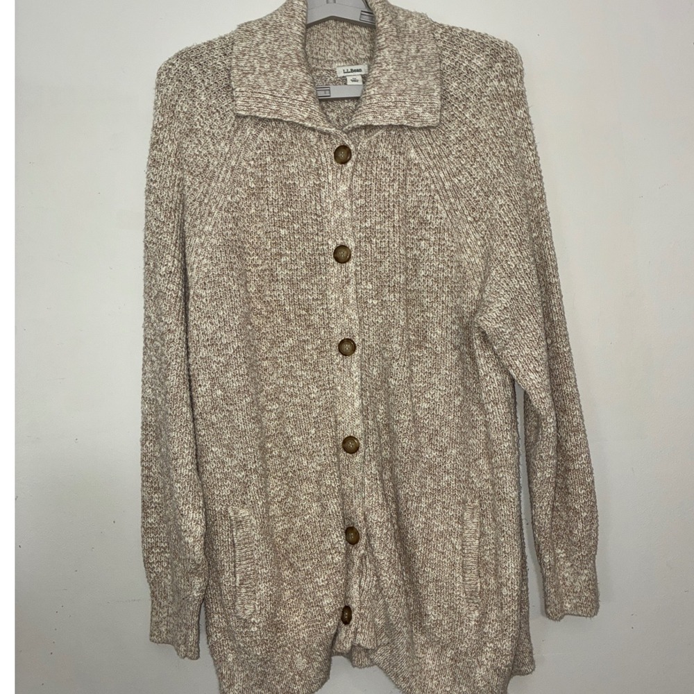 L.L. Bean Cardigan Womens 1X Brown Cotton Knit Long Sleeve Button Up Sweater